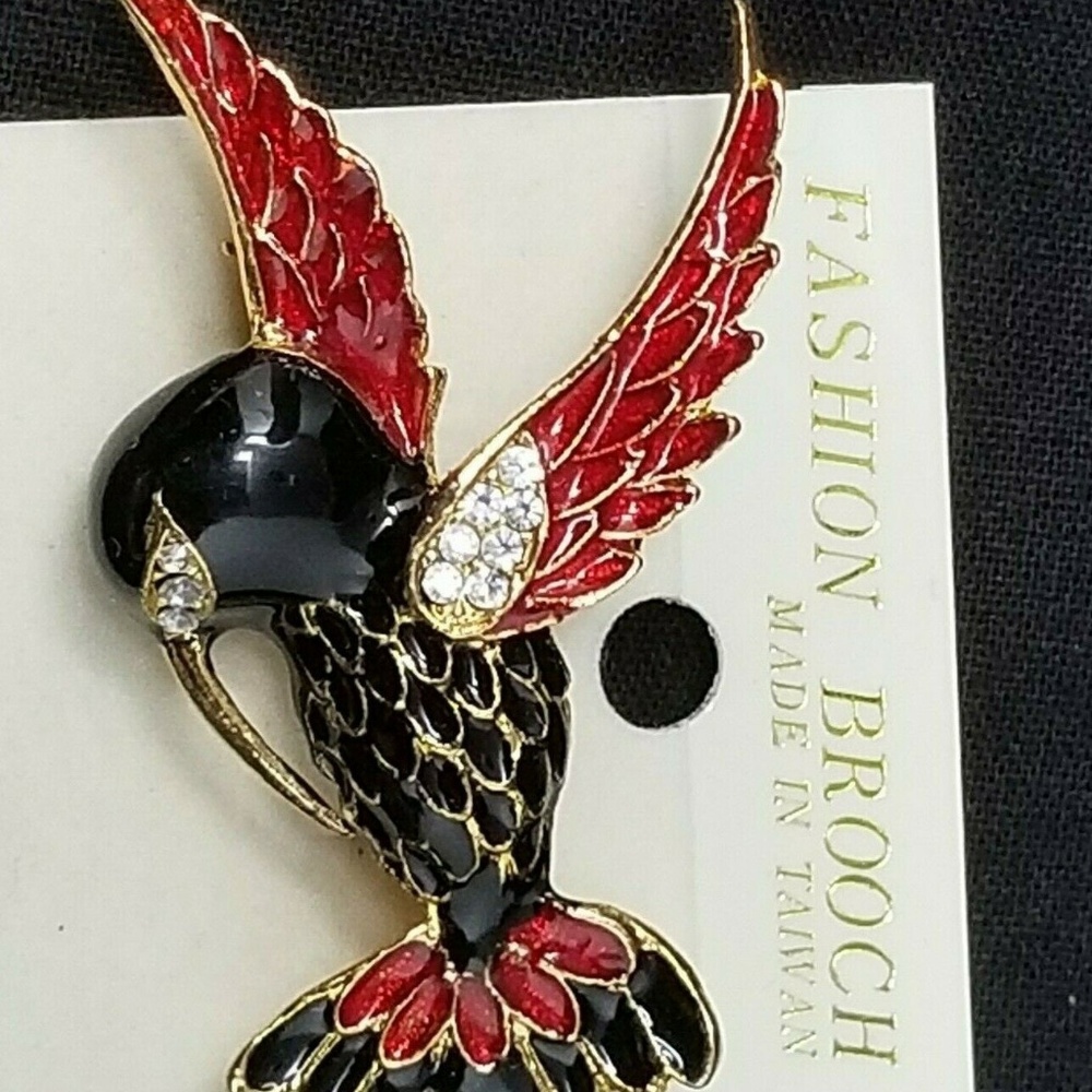 hummingbird brooch pin 2" black red rhinestones